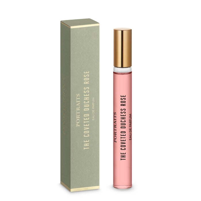 Penhaligon's - Portraits - The Coveted Duchess Rose eleganter Flakon mit goldfarbenem Verschluss neben schlicht grüner Verpackung