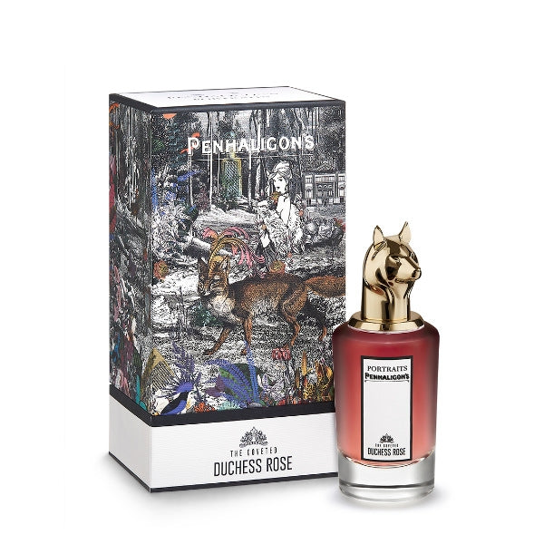 Penhaligon's - Portraits - The Coveted Duchess Rose Flakon mit goldenem Tierkopf neben kunstvoll gestalteter Verpackung