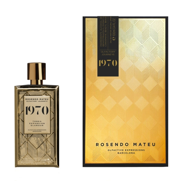 Rosendo Mateu - Olfactory Journeys - 1970 Parfumflakon und Verpackung in goldgeprägtem, geometrischem Design auf weißem Hintergrund