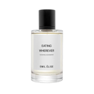 Emil Élise - eating wherever klarer Parfumflakon mit schwarzem Verschluss und schlichtem weißem Etikett vor weißem Hintergrund