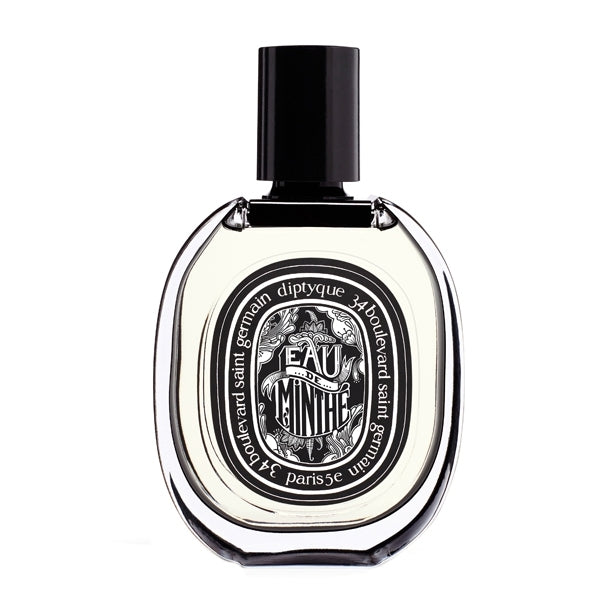 Diptyque - Eau de Minthé Parfumflakon mit schwarzem Verschluss und elegantem Etikett auf weißem Hintergrund