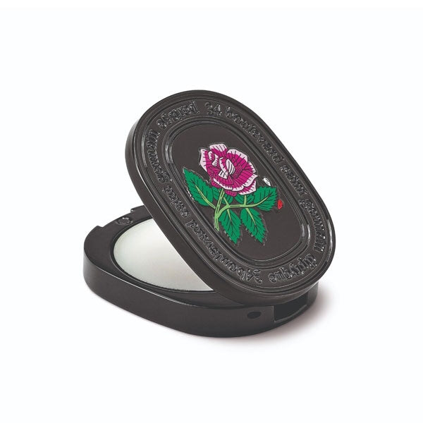 Diptyque - Eau Rose - Solid Perfume in schwarzem Ovaletui mit rosa Rosenmotiv und cremigem Wachs innen sichtbar