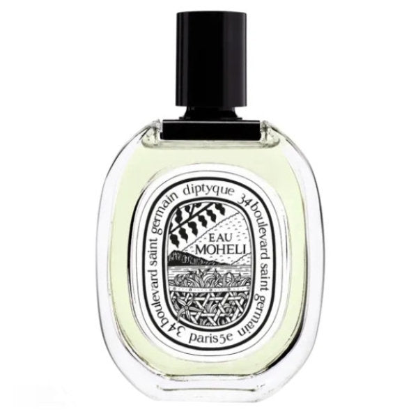 Diptyque - Eau Mohéli zeigt klaren Ovalflakon mit schwarzem Verschluss und dekorativem Etikett in feiner Gestaltung