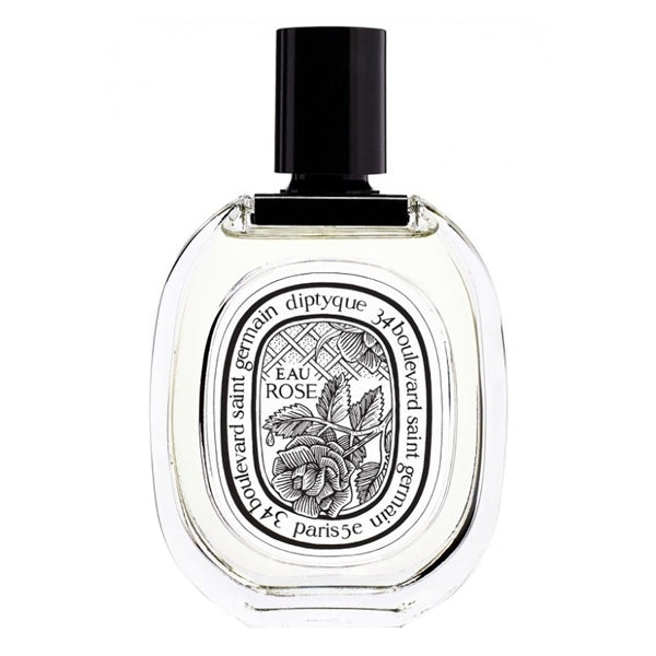 Diptyque - Eau Rose eleganter transparenter Flakon mit schwarzem Verschluss und floraler Rosengravur auf weißem Etikett