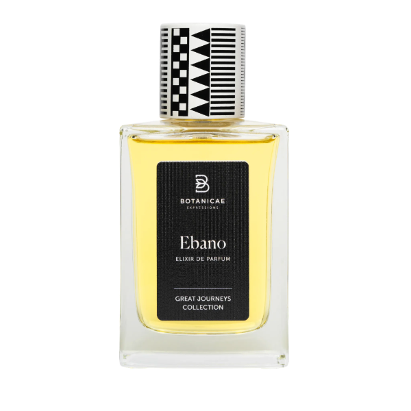Botanicae - Ébano Parfumflakon mit schwarzem Etikett und geometrischem schwarz-weißem Verschluss vor weißem Hintergrund