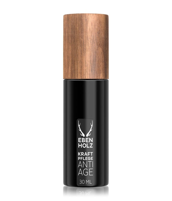 EBENHOLZ - Kraftpflege Anti Age in schwarzem Flakon mit holzfarbenem Deckel vor weißem Hintergrund