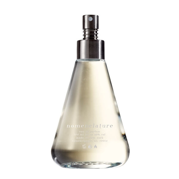 Nomenclature - efflor_esce Parfumflakon mit transparentem Glas und silbernem Zerstäuber vor weißem Hintergrund