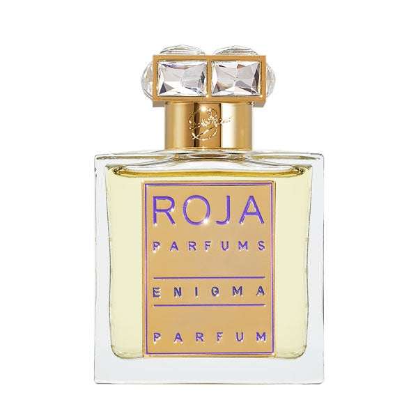 Roja Parfums - Enigma - Parfum Flakon mit goldfarbenem Verschluss und lilafarbenem Etikett nobel gestaltet