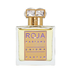 Roja Parfums - Enigma - Parfum Flakon mit goldfarbenem Verschluss und lilafarbenem Etikett nobel gestaltet