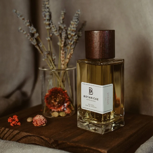 Botanicae - Epoque Parfumflakon mit holzfarbenem Verschluss auf Holzbrett, dahinter getrocknete Blumen in Glasgefäß