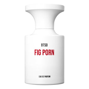 BORNTOSTANDOUT - Fig Porn Parfumflakon in schlichtem Weiß mit roter Schrift auf minimalistischem weißem Hintergrund