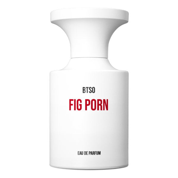 BORNTOSTANDOUT - Fig Porn Parfumflakon in schlichtem Weiß mit roter Schrift auf minimalistischem weißem Hintergrund