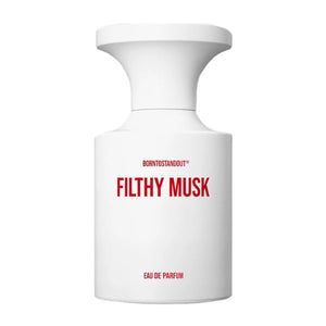 BORNTOSTANDOUT - Filthy Musk Parfumflakon in weiß mit roter Schrift auf hellem Hintergrund minimalistisch gestaltet