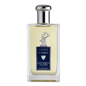 Castle Forbes Gentlemen's Cologne bottle with silver stag emblem and citrus, oakmoss, lavender scent in clear glass design