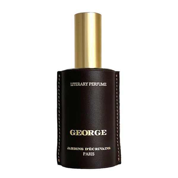 Jardins d'Écrivains - George zeigt eleganten Parfumflakon mit dunklem Lederüberzug und goldenem Spraykopf in edlem Design