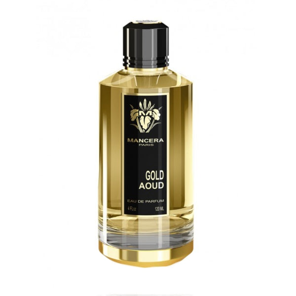 Mancera - Gold Intensitive Aoud Parfumflakon mit goldfarbenem Design und edlem schwarzen Etikett in klarer Glasflasche