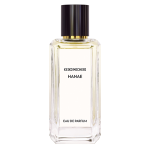 Keiko Mecheri - Hanae Parfumflakon mit klarem Glas, rechteckiger Form und elegantem schwarzem Deckel in schlichtem Design