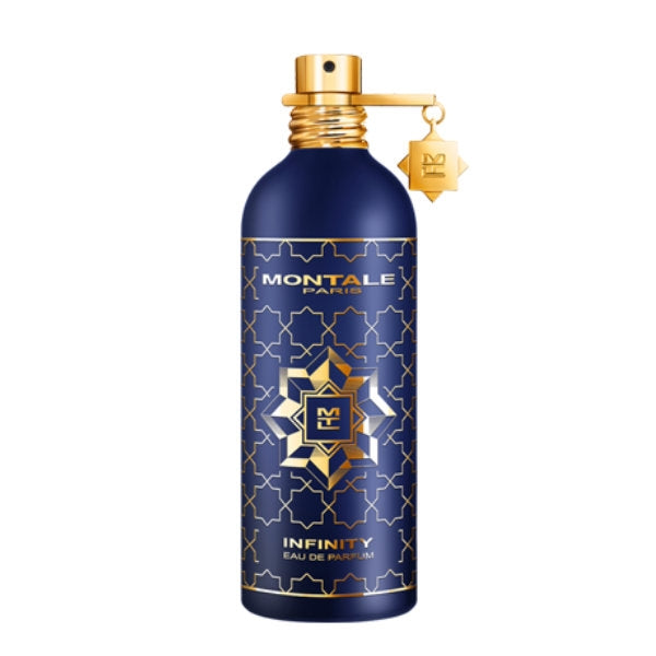 Montale - Infinity zeigt blauen Flakon mit goldfarbenem Zerstäuber und orientalischem Muster vor weißem Hintergrund