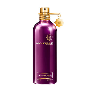 Montale - Intense Cafe zeigt metallischen Flakon in Lila mit goldfarbenem Spraykopf und elegantem Logo auf der Vorderseite