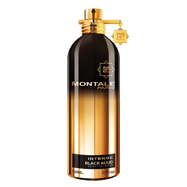 Montale - Intense Black Aoud Parfumflakon in glänzendem Schwarz-Gold mit elegantem Verschluss und Logo vor weißem Hintergrund