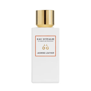 Eau d'Italie - Jasmine Leather minimalistischer weißer Flakon mit goldenem Verschluss vor weißem Hintergrund