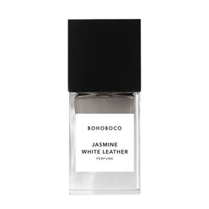 BOHOBOCO - Jasmine White Leather klarer Parfümflakon mit schwarzem Deckel vor weißem Hintergrund