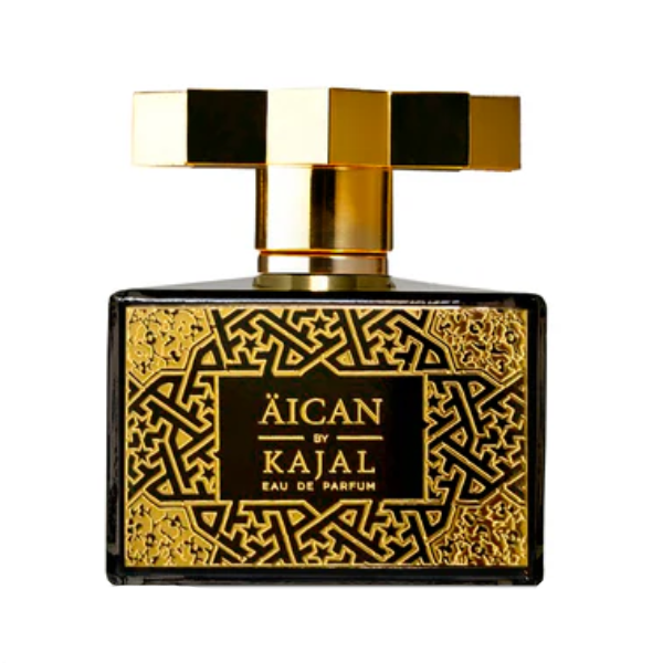 Kajal - ÄICAN Parfümflakon mit schwarzem Glas und goldenem, achteckigem Verschluss sowie orientalischem Muster auf dem Etikett