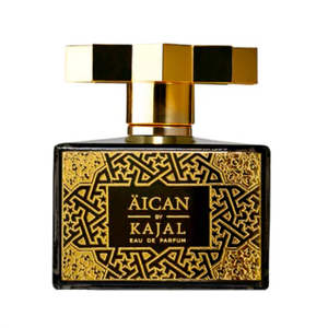 Kajal - ÄICAN Parfümflakon mit schwarzem Glas und goldenem, achteckigem Verschluss sowie orientalischem Muster auf dem Etikett