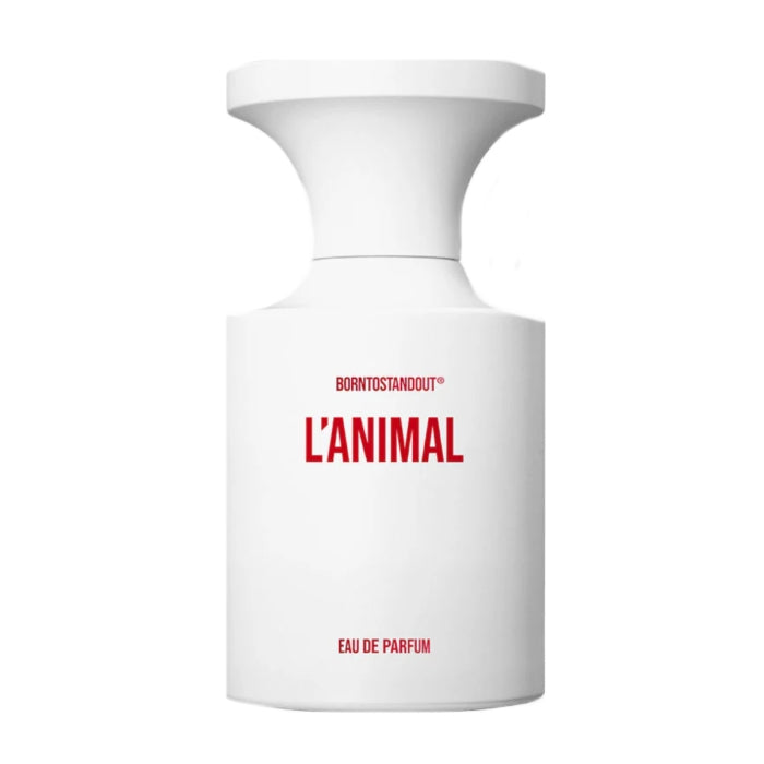 BORNTOSTANDOUT - L'Animal Parfumflakon in schnörkellosem Weiß mit roter Schrift und markanter, kraftvoller Silhouette