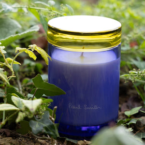 Paul Smith - Leaf - Duftkerze im blauen Glas mit gelbem Rand, umgeben von grüner Pflanzenwelt für frische Duftmomente