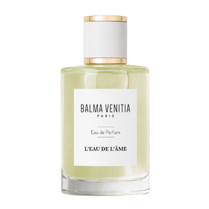 Balma Venitia - L'Eau de L'Âme klarer Flakon mit weißem Etikett und edlem weiß-goldenem Verschluss vor weißem Hintergrund