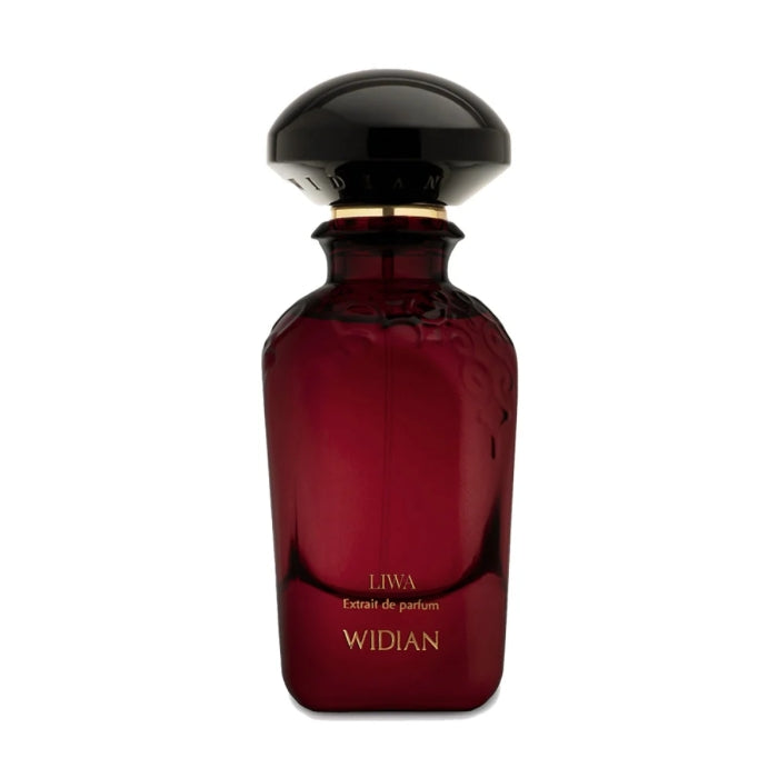 Widian - Velvet Collection - Liwa Parfumflakon in tiefrotem Glas mit schwarzem, gerundetem Verschluss vor weißem Hintergrund