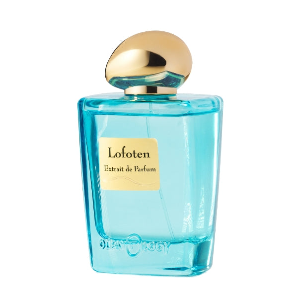 Olfattology - Lofoten Parfumflakon in klarer blauer Optik mit goldenem Deckel vor weißem Hintergrund