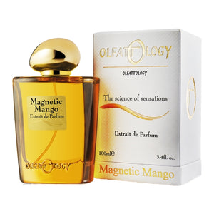 Olfattology - Magnetic Mango Parfumflakon in goldgelb mit edlem Verschluss und passender weißer Verpackung