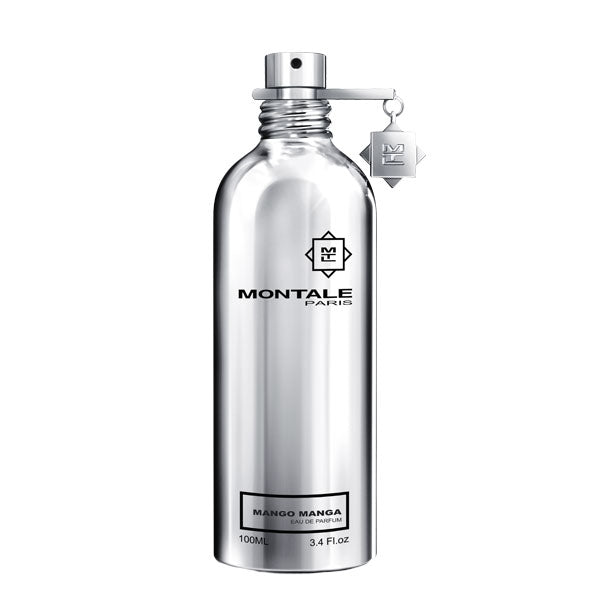 Montale - Mango Manga silberner Flakon mit Logo und Anhänger vor weißem Hintergrund
