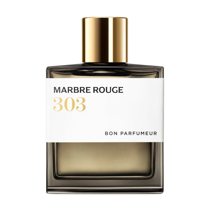 Bon Parfumeur - Les Extraits - 303 Marbre Rouge Parfumflakon mit goldenem Verschluss und weißem Etikett vor weißem Hintergrund