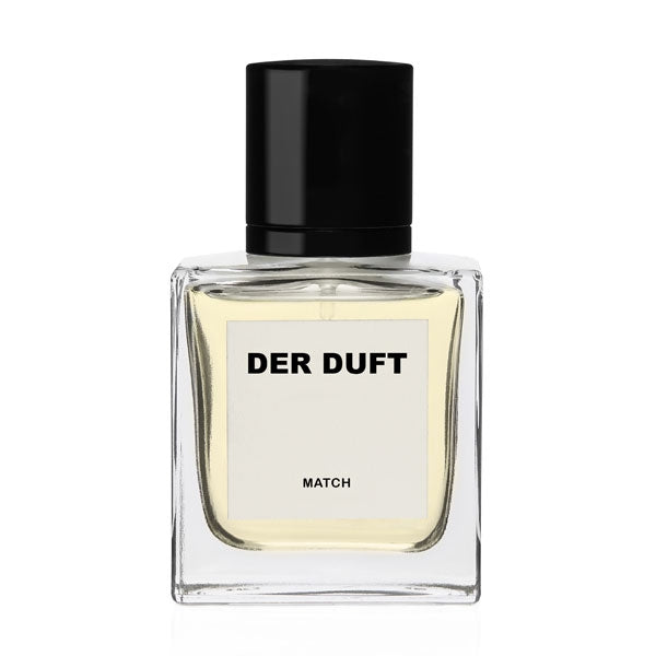 DER DUFT - Match Parfum mit transparentem Rechteckflakon, hellem Duftinhalt und schlichtem schwarzem Verschluss vor weißem Hintergrund
