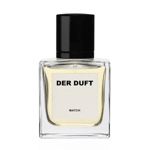DER DUFT - Match Parfum mit transparentem Rechteckflakon, hellem Duftinhalt und schlichtem schwarzem Verschluss vor weißem Hintergrund