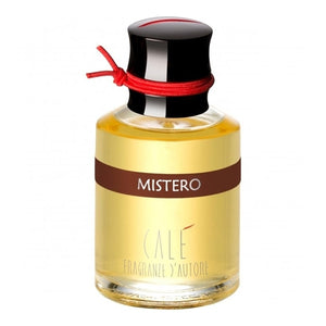 Calé Fragranze d'Autore - Mistero Duftflakon mit schwarzem Deckel und rotem Band auf weißem Hintergrund