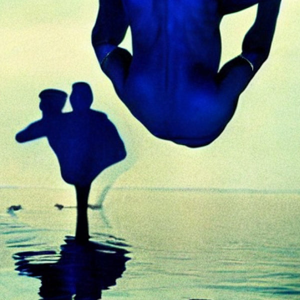 Pantomime - Act 5 surrealistische Szene mit blauem Körper und Spiegelung am ruhigen Wasser bei Dämmerung