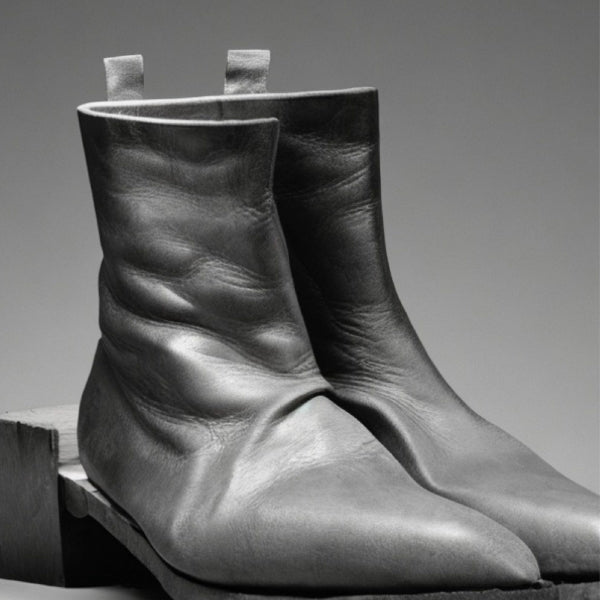 Pantomime - Act 3 stilvolle schwarze Lederstiefel mit weicher Struktur auf schlichtem grauem Untergrund