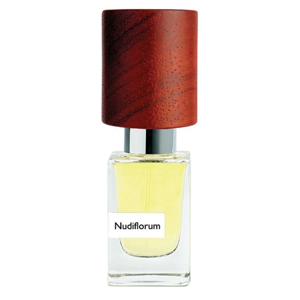 Nasomatto - Nudiflorum Parfumflakon mit klarer Flüssigkeit und markantem holzfarbenem Verschluss vor weißem Hintergrund