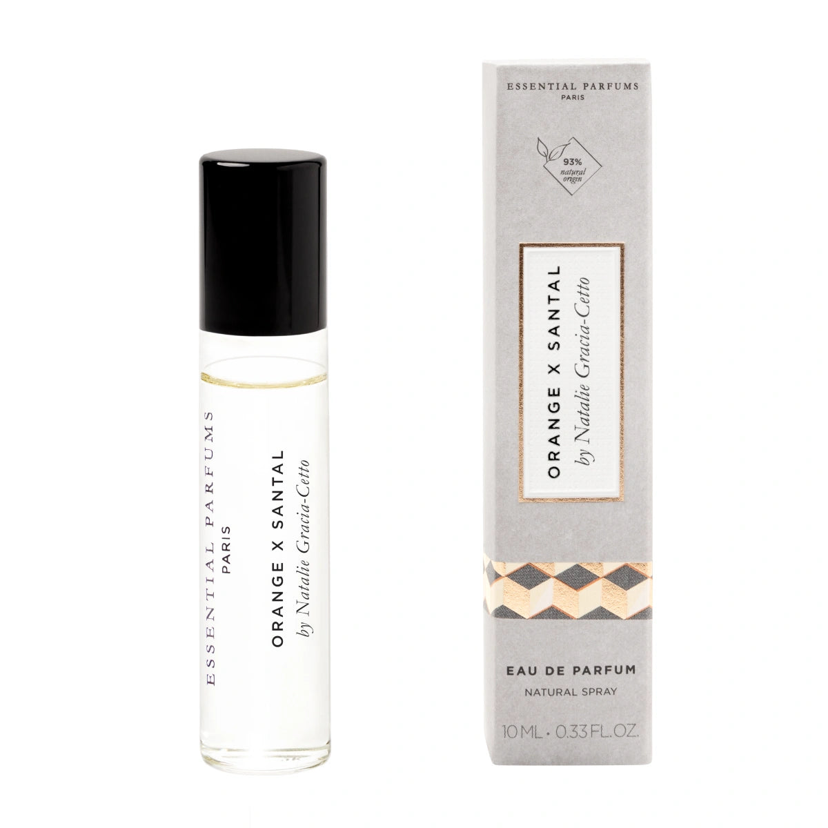 Essential Parfums - Orange X Santal Roll-On Flakon mit schwarzem Deckel und grau-beiger Verpackung vor weißem Hintergrund