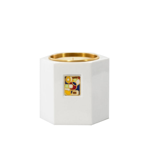 Ormaie - Voile Blanc - Duftkerze im weißen sechseckigen Keramikgefäß mit goldfarbenem Rand und floralen Jasmin- und Orangenblütennoten