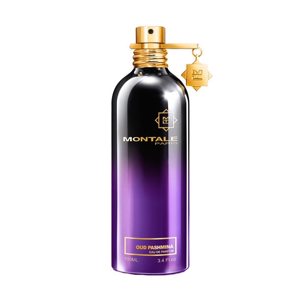 Montale - Oud Pashmina Parfumflakon in violett-schwarzem Metall mit goldfarbenem Spraykopf und Anhänger vor weißem Hintergrund