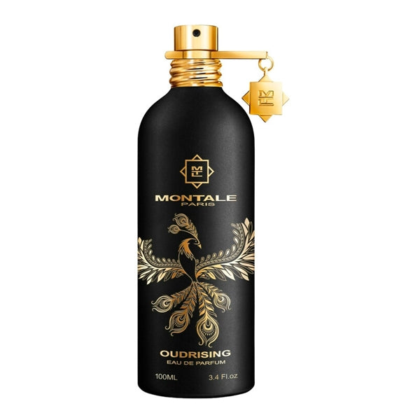Montale - Oudrising eleganter schwarzer Flakon mit goldenem Verschluss und kunstvollem Vogelmotiv vor weißem Hintergrund