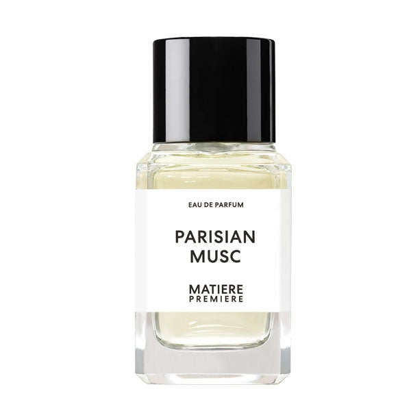 Matière Première - Parisian Musc zeigt minimalistischen Flakon mit schwarzem Verschluss und klarer Flüssigkeit im Fokus