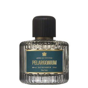 Aedes de Venustas - Pelargonium Parfumflakon mit geriffeltem Glas und dunkelgrünem Etikett in elegantem Design