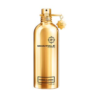 Montale Powder Flowers Eau de Parfum in shiny gold bottle with black logo and decorative charm on white background