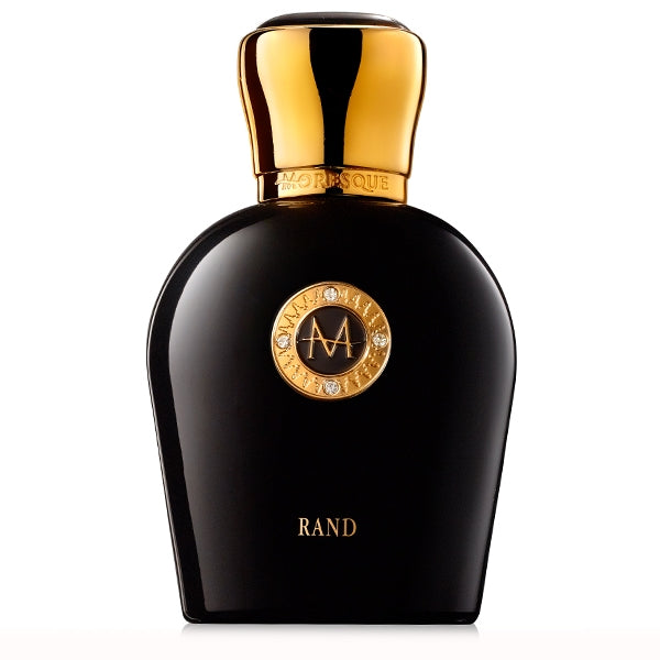 Moresque Parfum - Black Collection - Rand schwarzer Flakon mit goldfarbenem Verschluss und goldener Schmuckverzierung vor weißem Hintergrund